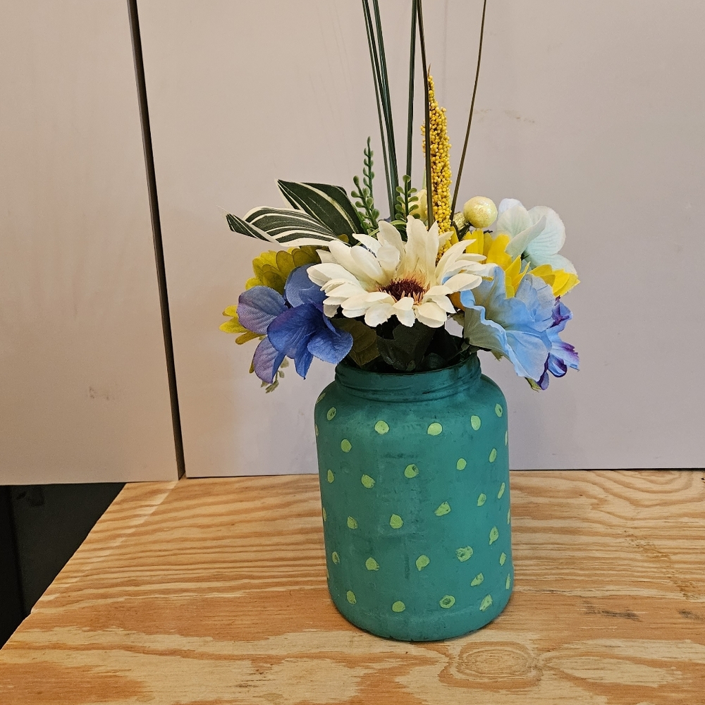 Handmade painted glass jar/vase with forever Flowers Handmade glass jar/vase w
